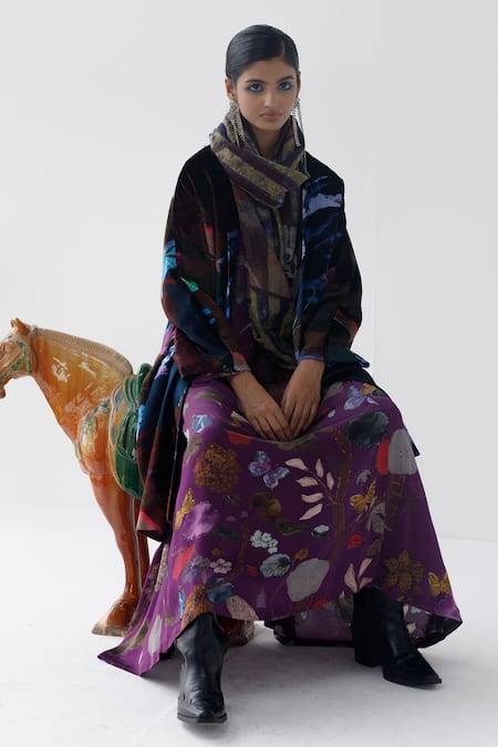 Yavi_Blue Silk, Velvet Open Neck Jane Midnight Bloom Jacket _at_Aza_Fashions