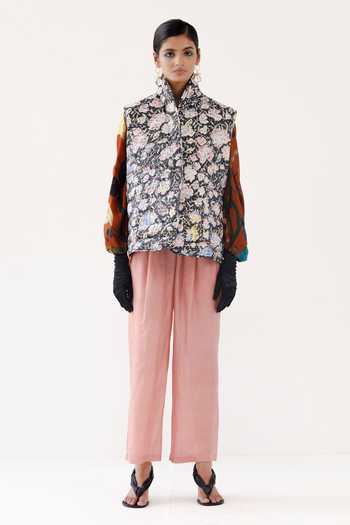 Buy_Yavi_Black Taffeta, Silk V-neck Jasmine Quilted Reversible Bundi Jacket _Online_at_Aza_Fashions