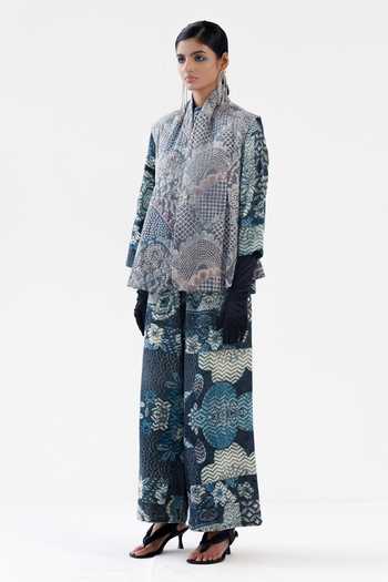 Buy_Yavi_Blue Cotton Shawl Neck Kate Bloomy Print Bundi Jacket _Online_at_Aza_Fashions