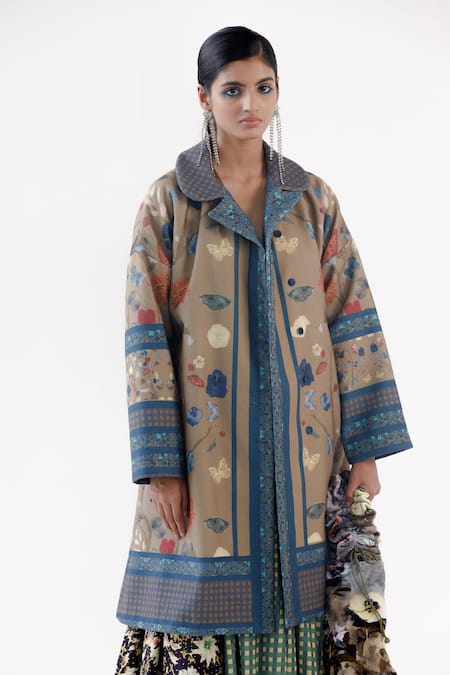 Shop_Yavi_Gold Wool Collared Katie Peony Bloom Peter Pan Jacket _Online_at_Aza_Fashions