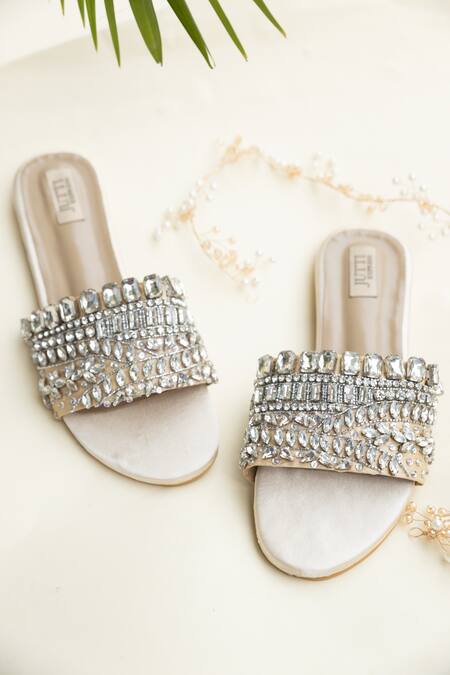 Shop_Jutti Express_Beige Embellished Crystal Flats _at_Aza_Fashions