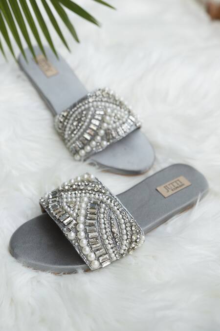 Shop_Jutti Express_Grey Embellished Pearl Flats _at_Aza_Fashions