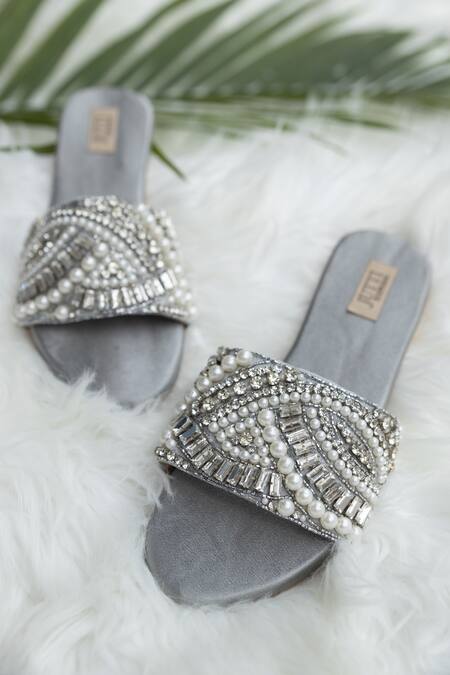 Buy_Jutti Express_Grey Embellished Pearl Flats _Online_at_Aza_Fashions