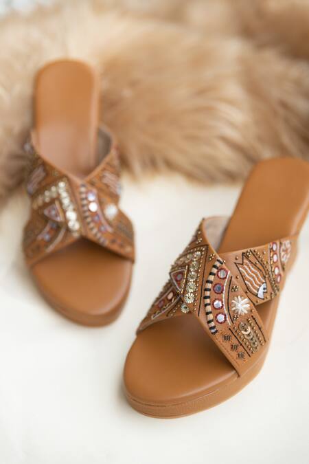 Jutti Express_Brown Embroidery Thread Wedges _Online_at_Aza_Fashions