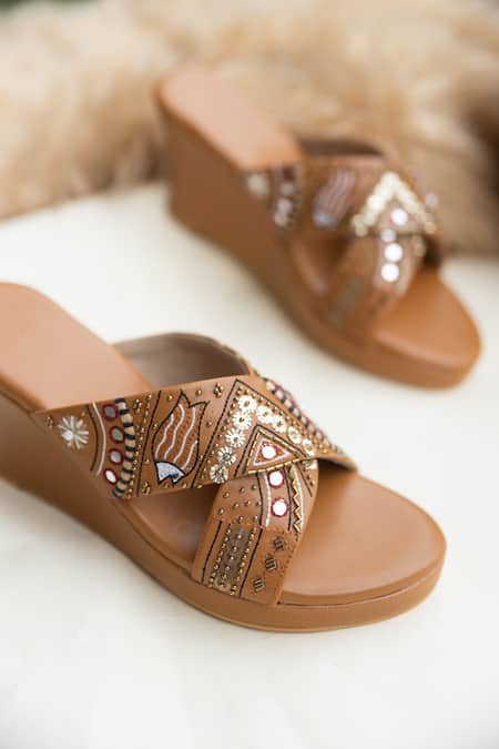Buy_Jutti Express_Brown Embroidery Thread Wedges _Online_at_Aza_Fashions