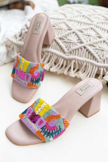 Jutti Express_Peach Embroidered Abstract Beads Heels _Online_at_Aza_Fashions