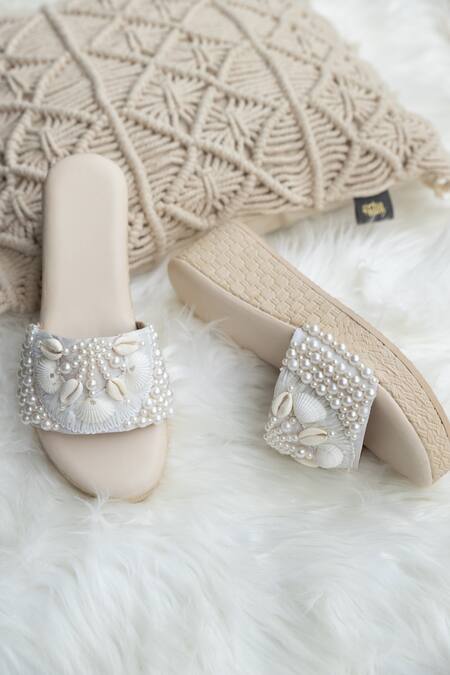 Shop_Jutti Express_Off White Embellished Pearl Wedges _at_Aza_Fashions
