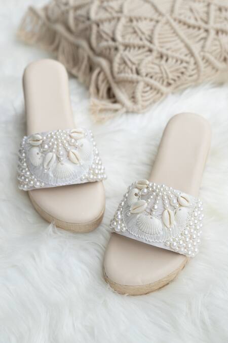 Buy_Jutti Express_Off White Embellished Pearl Wedges _Online_at_Aza_Fashions