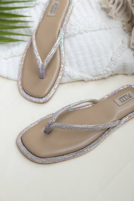 Buy_Jutti Express_Beige Crystal Embellished Thong Strap Flats_Online_at_Aza_Fashions