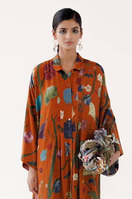 Yavi_Orange Cotton, Wool Collared Audrey Vine Garden Print Shirt Dress _Online_at_Aza_Fashions