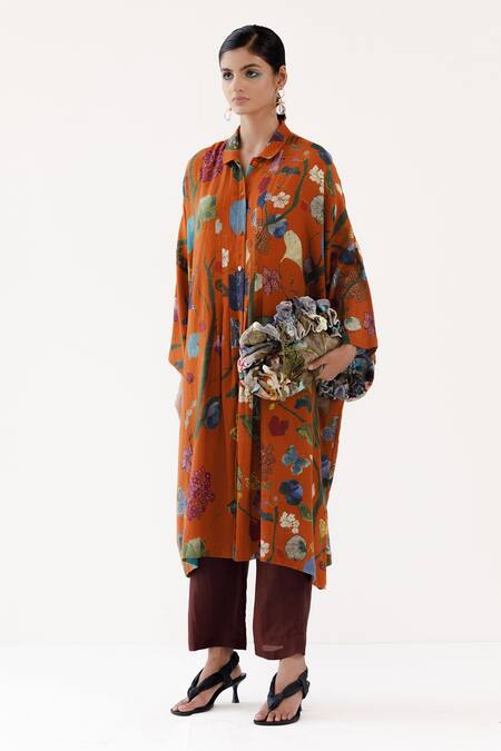 Buy_Yavi_Orange Cotton, Wool Collared Audrey Vine Garden Print Shirt Dress _Online_at_Aza_Fashions