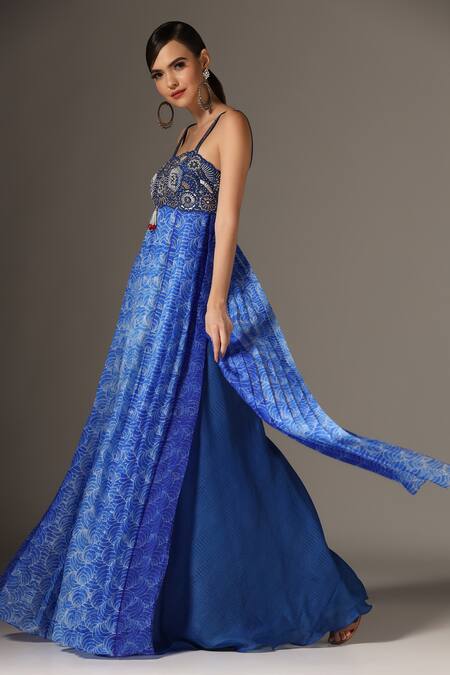 Buy_Yashodhara_Blue Organza Embroidered Shibori Square Pattern Anarkali With Palazzo  _Online_at_Aza_Fashions