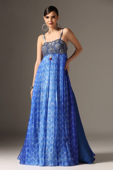 Shop_Yashodhara_Blue Organza Embroidered Shibori Square Pattern Anarkali With Palazzo  _Online_at_Aza_Fashions
