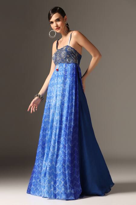 Yashodhara_Blue Organza Embroidered Shibori Square Pattern Anarkali With Palazzo  _at_Aza_Fashions