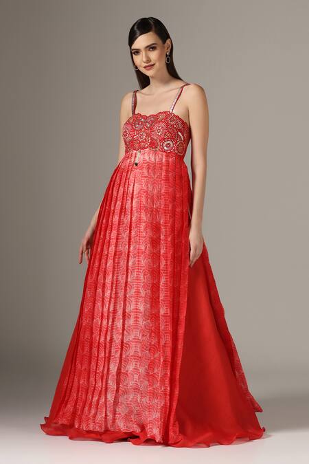 Yashodhara_Red Organza Embroidered Shibori Pattern Flared Anarkali With Palazzo  _Online_at_Aza_Fashions