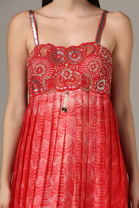 Buy_Yashodhara_Red Organza Embroidered Shibori Pattern Flared Anarkali With Palazzo  _Online_at_Aza_Fashions
