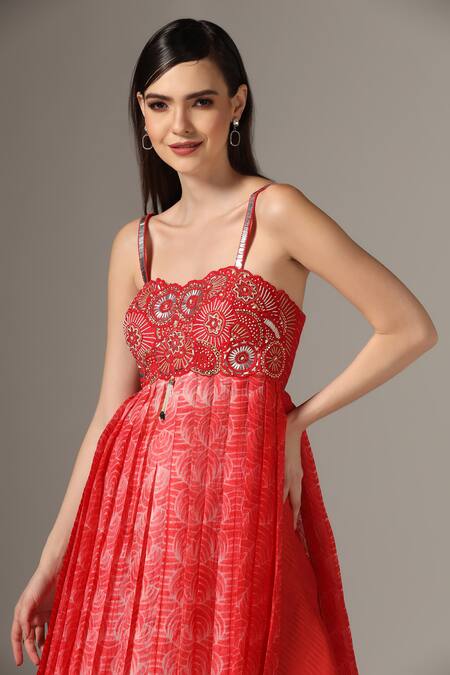 Shop_Yashodhara_Red Organza Embroidered Shibori Pattern Flared Anarkali With Palazzo  _Online_at_Aza_Fashions