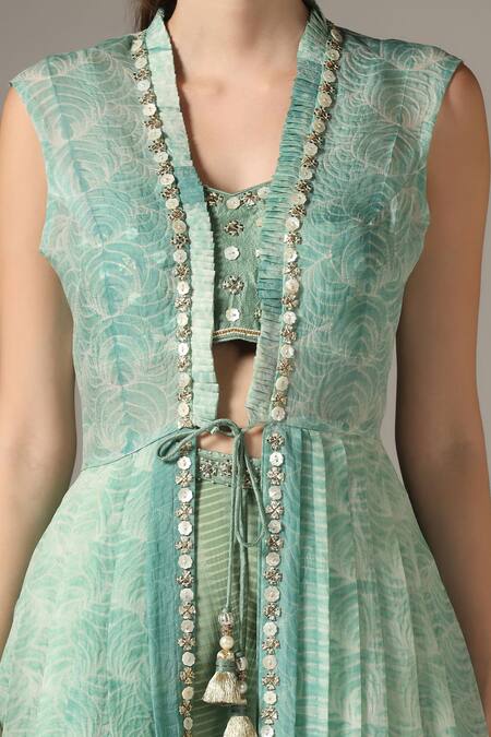 Yashodhara_Green Organza Embroidered Shibori Jacket Open Pattern Palazzo Set  _Online_at_Aza_Fashions