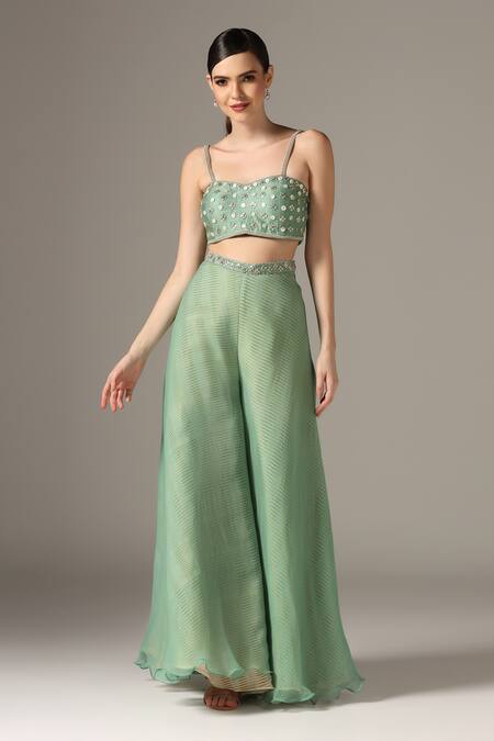 Buy_Yashodhara_Green Organza Embroidered Shibori Jacket Open Pattern Palazzo Set  _Online_at_Aza_Fashions