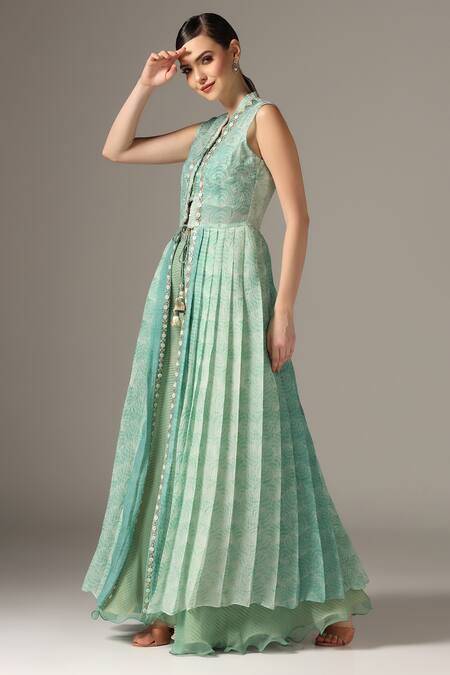Shop_Yashodhara_Green Organza Embroidered Shibori Jacket Open Pattern Palazzo Set  _Online_at_Aza_Fashions