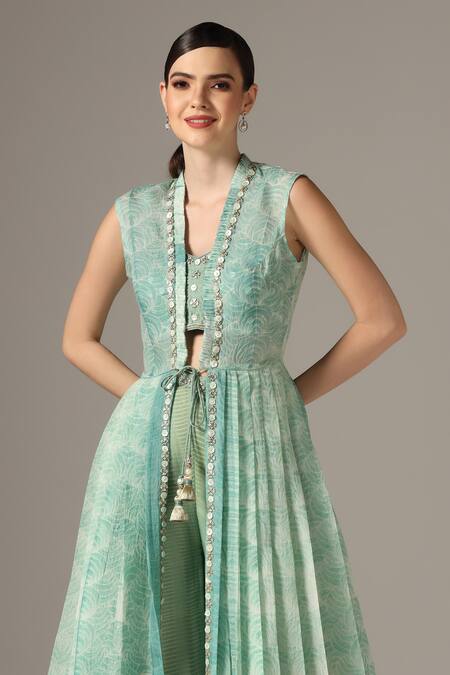Yashodhara_Green Organza Embroidered Shibori Jacket Open Pattern Palazzo Set  _at_Aza_Fashions