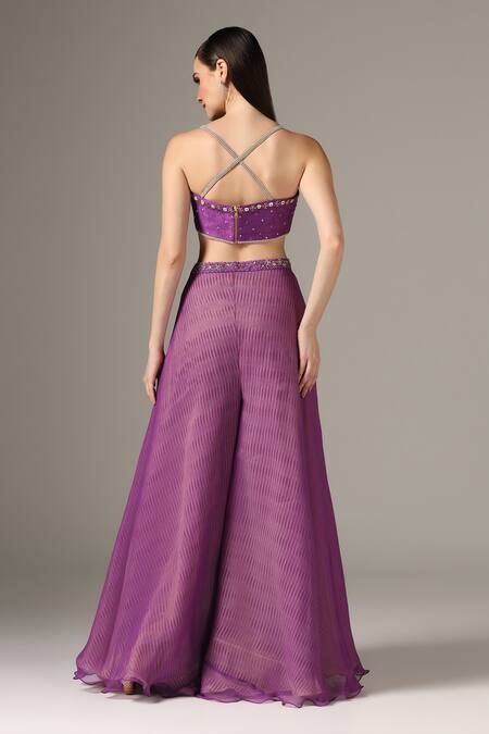 Yashodhara_Purple Organza Embroidered Shibori Pattern Front Tie Palazzo Set  _Online_at_Aza_Fashions