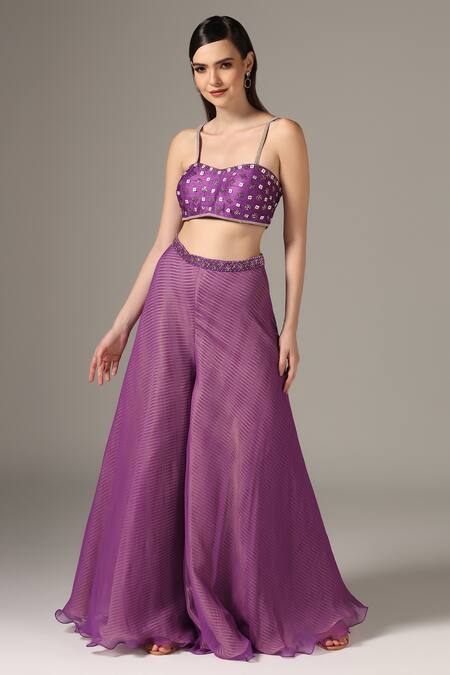 Buy_Yashodhara_Purple Organza Embroidered Shibori Pattern Front Tie Palazzo Set  _Online_at_Aza_Fashions