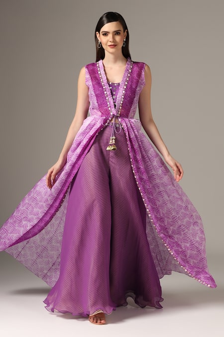 Shop_Yashodhara_Purple Organza Embroidered Shibori Pattern Front Tie Palazzo Set  _Online_at_Aza_Fashions