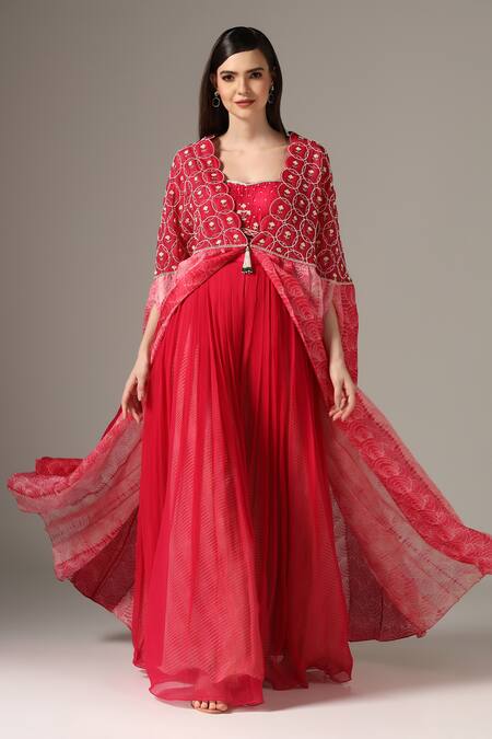 Shop Yashodhara Pink Organza Embroidered Shibori Cape Cutdana Yoke Palazzo Set Online at Aza Fashions Shop_Yashodhara_Pink Organza Embroidered Shibori Cape Cutdana Yoke Palazzo Set _Online_at_Aza_Fashions