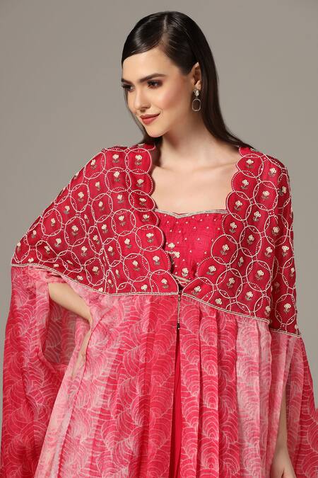 Yashodhara Pink Organza Embroidered Shibori Cape Cutdana Yoke Palazzo Set at Aza Fashions Yashodhara_Pink Organza Embroidered Shibori Cape Cutdana Yoke Palazzo Set _at_Aza_Fashions
