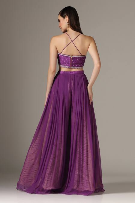 Yashodhara_Purple Organza Embroidered Shibori Geometric Cutdana Palazzo Set  _Online_at_Aza_Fashions