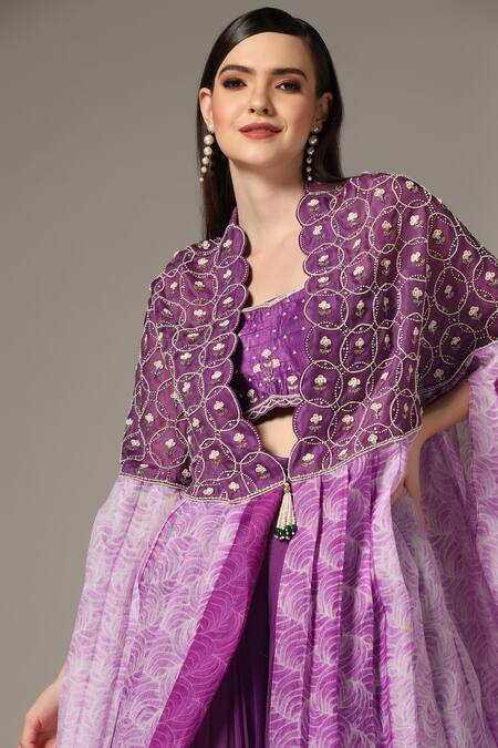 Yashodhara_Purple Organza Embroidered Shibori Geometric Cutdana Palazzo Set  _at_Aza_Fashions