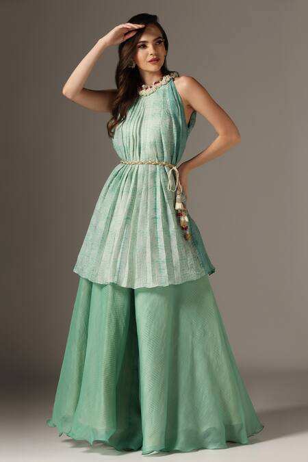 Yashodhara_Green Organza Embroidered Shibori Pleated Pattern Kurta With Pant  _Online_at_Aza_Fashions