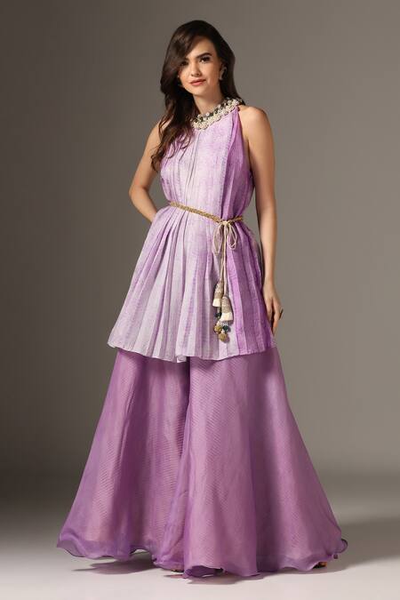 Yashodhara_Purple Organza Embroidered Shibori Pattern Pleated Kurta With Pant  _Online_at_Aza_Fashions