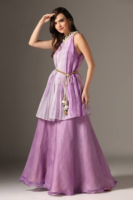 Buy_Yashodhara_Purple Organza Embroidered Shibori Pattern Pleated Kurta With Pant  _Online_at_Aza_Fashions