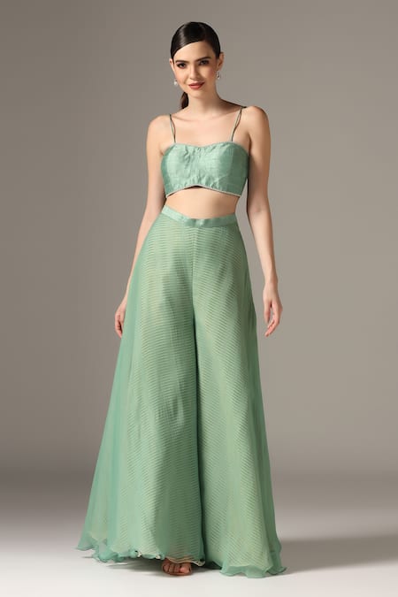 Yashodhara_Green Organza Embroidered Shibori Cape V-neck Pattern Palazzo Set  _Online_at_Aza_Fashions