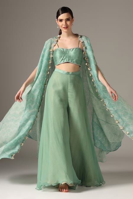 Buy_Yashodhara_Green Organza Embroidered Shibori Cape V-neck Pattern Palazzo Set  _Online_at_Aza_Fashions
