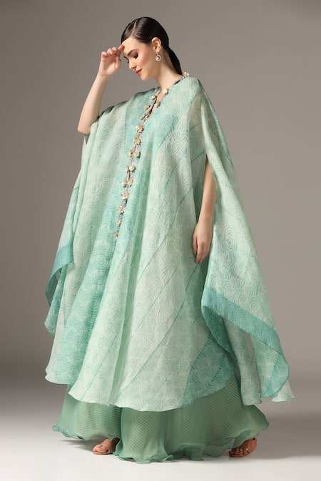 Shop_Yashodhara_Green Organza Embroidered Shibori Cape V-neck Pattern Palazzo Set  _Online_at_Aza_Fashions
