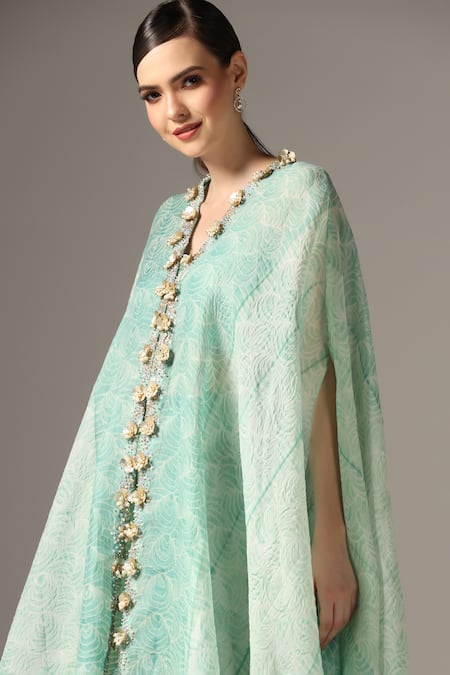 Yashodhara_Green Organza Embroidered Shibori Cape V-neck Pattern Palazzo Set  _at_Aza_Fashions