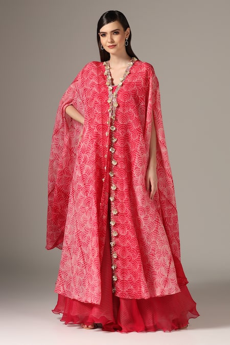 Yashodhara Pink Organza Embroidered Shibori Cape Pattern Asymmetric Palazzo Set  