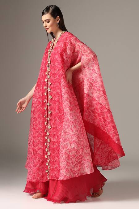 Buy_Yashodhara_Pink Organza Embroidered Shibori Cape Pattern Asymmetric Palazzo Set  _Online_at_Aza_Fashions