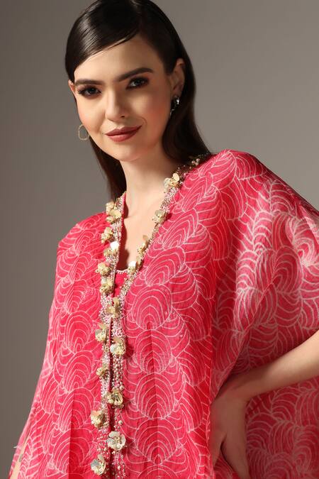 Shop_Yashodhara_Pink Organza Embroidered Shibori Cape Pattern Asymmetric Palazzo Set  _Online_at_Aza_Fashions