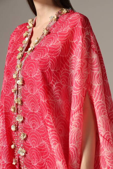 Yashodhara_Pink Organza Embroidered Shibori Cape Pattern Asymmetric Palazzo Set  _at_Aza_Fashions