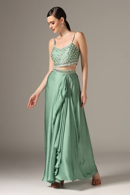 Yashodhara_Green Organza Embroidered Shibori Cape Open Pattern Draped Skirt Set  _Online_at_Aza_Fashions