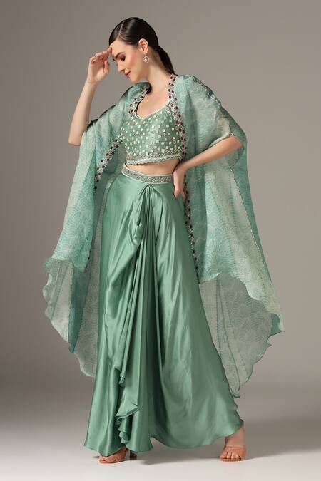 Shop_Yashodhara_Green Organza Embroidered Shibori Cape Open Pattern Draped Skirt Set  _Online_at_Aza_Fashions