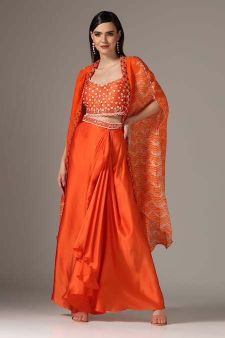 Yashodhara Orange Organza Embroidered Pattern Asymmetric Draped Skirt Set 