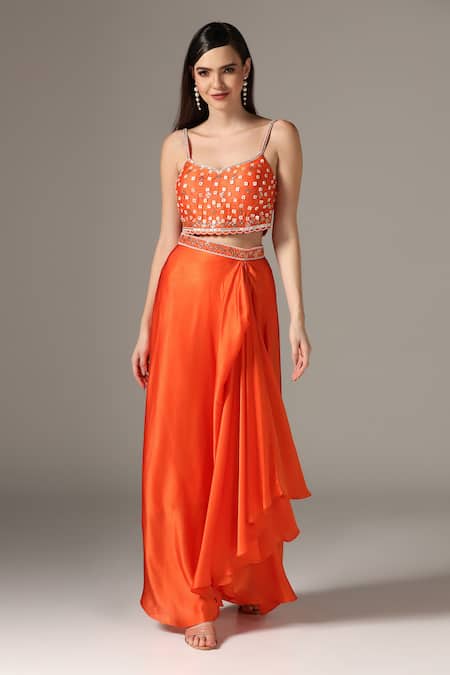 Yashodhara_Orange Organza Embroidered Pattern Asymmetric Draped Skirt Set  _Online_at_Aza_Fashions