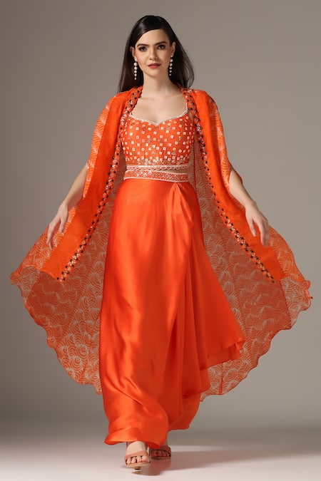 Buy_Yashodhara_Orange Organza Embroidered Pattern Asymmetric Draped Skirt Set  _Online_at_Aza_Fashions