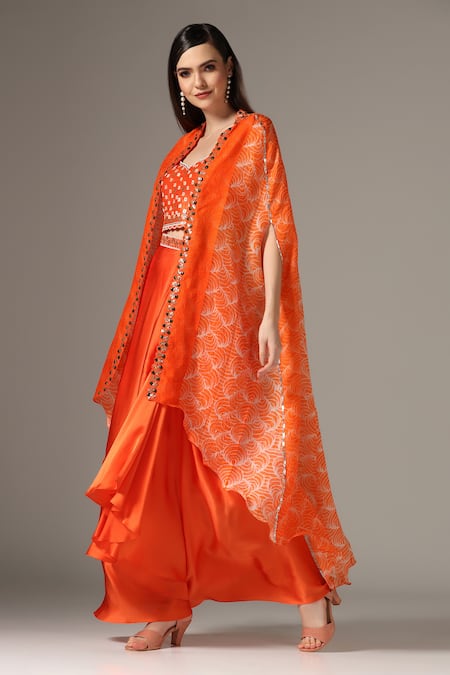 Shop_Yashodhara_Orange Organza Embroidered Pattern Asymmetric Draped Skirt Set  _Online_at_Aza_Fashions