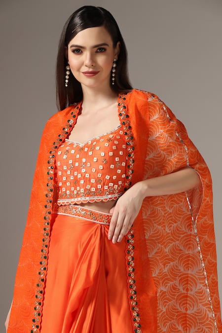Yashodhara_Orange Organza Embroidered Pattern Asymmetric Draped Skirt Set  _at_Aza_Fashions